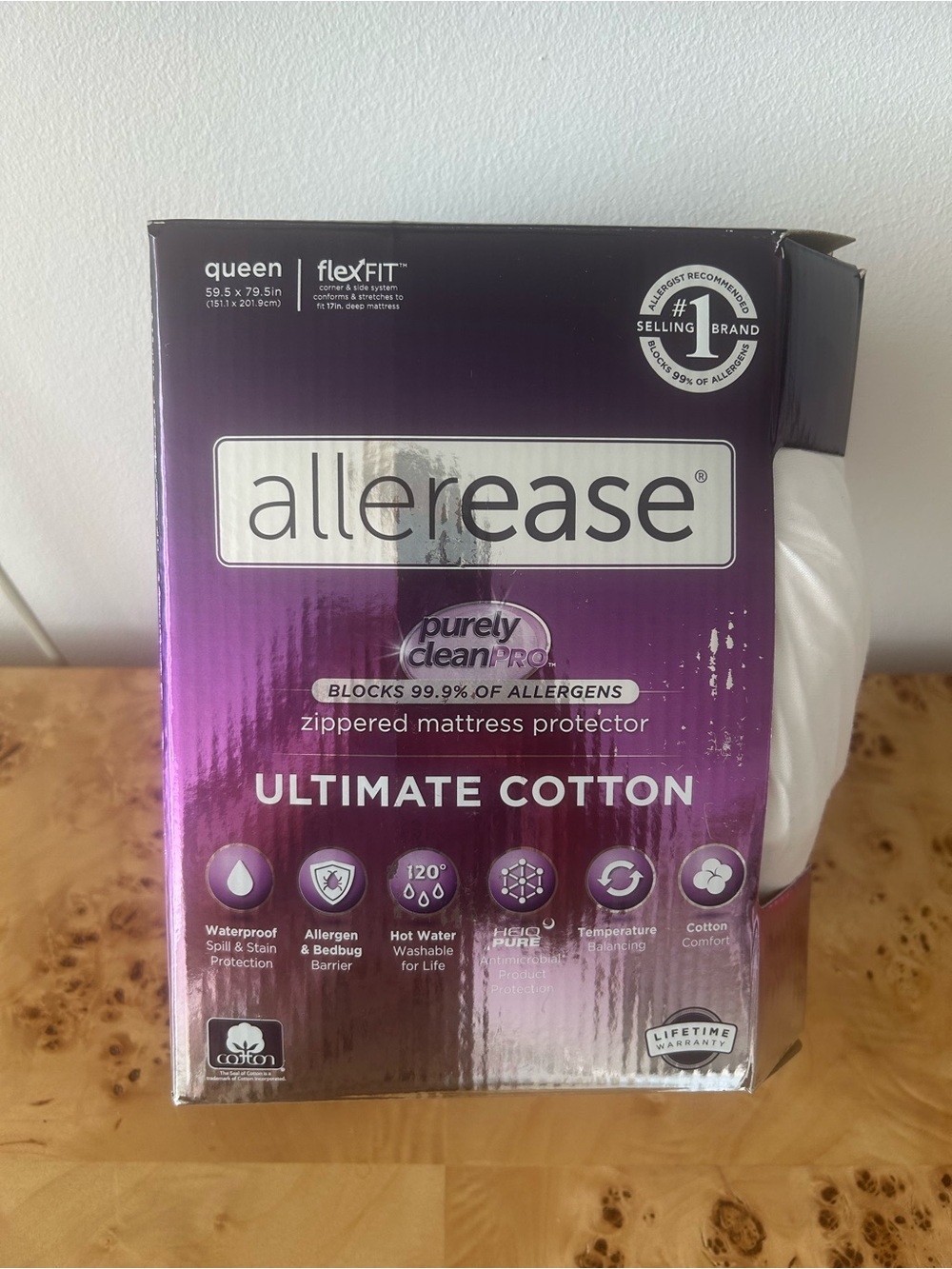 NIB Allerease Ultimate Cotton Allergy Relief Zippered Mattress Protector, Queen